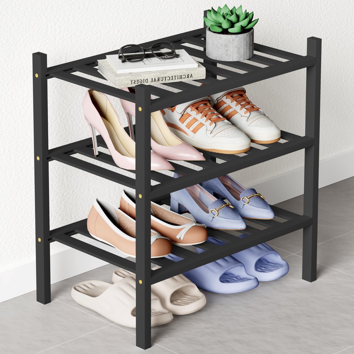 Homaxy Schoenenrek (3 niveaus) - Bamboe Schoenenrek - Voor 12 paar schoenen - 68x28x46.5cm - Zwart
