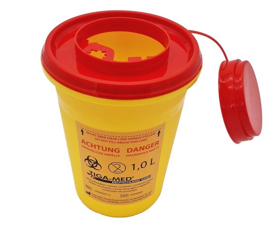 Gele medische afvalcontainer van 1,0 L met rood deksel en een losse rode dop aan een koord.
