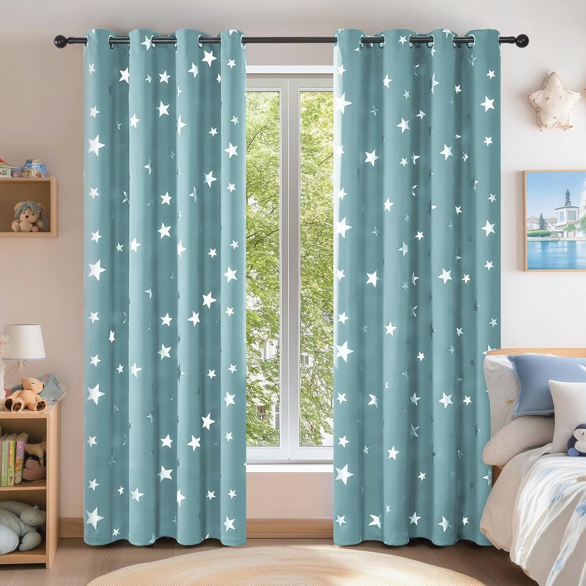Set van 2 Zwarte Verduisteringsgordijnen met Sterrenprint - 140x180cm
