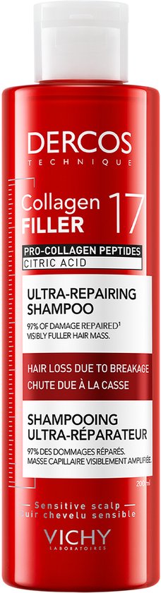 Rode fles met witte dop, met tekst 'DERCOS TECHNIQUE Collagen 17 FILLER'.