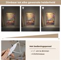 Drie lichtniveaus van een lamp met een eenhoorn in een bos, met een bedieningspaneel en dimfunctie.