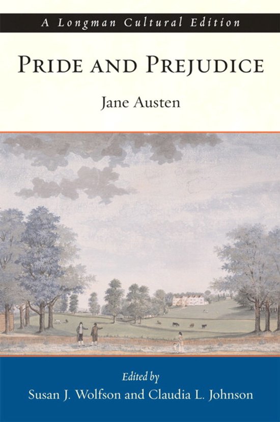 Boekomslag van Pride and Prejudice van Jane Austen, met een landschapsschildering van bomen, velden, vee en figuren.