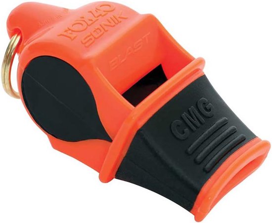 Oranje plastic fluitje met zwart mondstuk. Tekst: "FOLLO SONIK BLAST CMG".