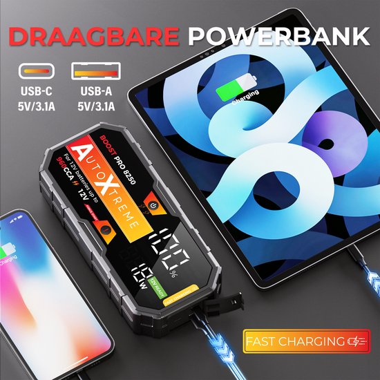 Le démarreur AutoXtreme sert de banque d'alimentation pour smartphone et tablette, avec le texte 'POWERBANK PORTABLE'.