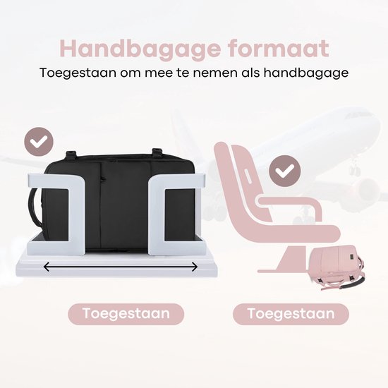 Roze rugzak die voldoet aan handbagage eisen, past in bagage-indicator en cabine.