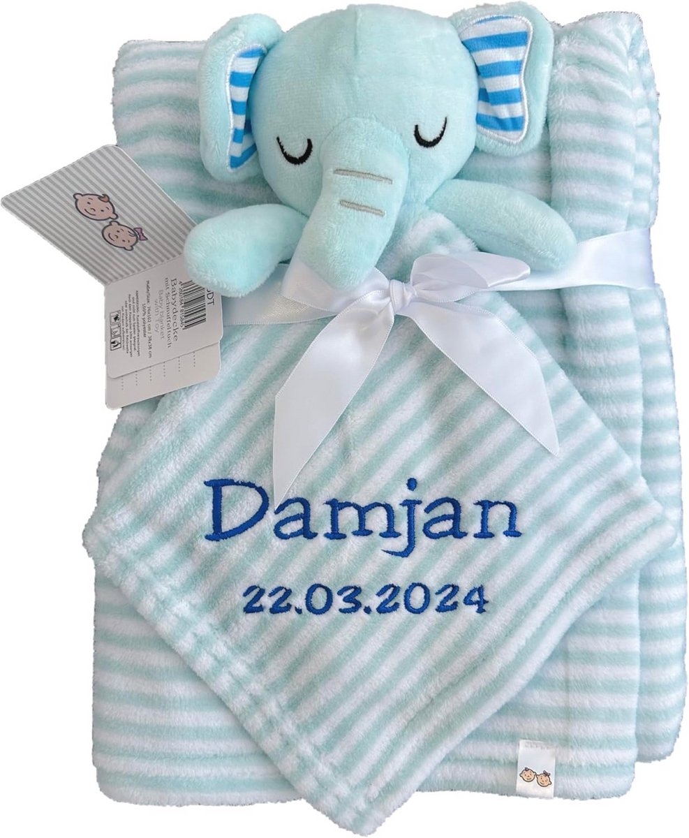 Babydeken met Borduring en Knuffeldoek voor Baby's - Lichtblauw met Olifant