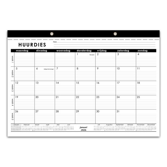 Huurdies® Kalender 2026 – 18 Maanden Bureauplanner & Wandkalender – A3+ Formaat (45x32 cm) – Met Weeknummers, Feestdagen & Notities – Januari 2026 t/m Juni 2027