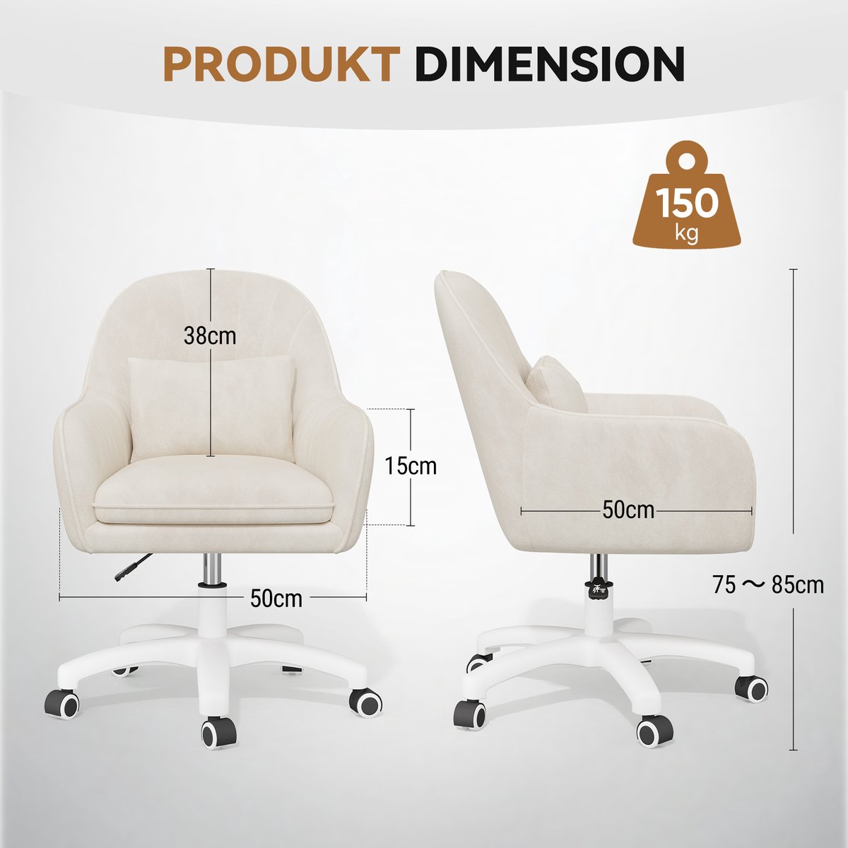 Bureaustoel, draaistoel voor de kaptafel, met fluwelen kussen, in hoogte verstelbaar, voor thuiskantoor, studeerkamer, slaapkamer, draagvermogen 120 kg,Beige thumbnail 3