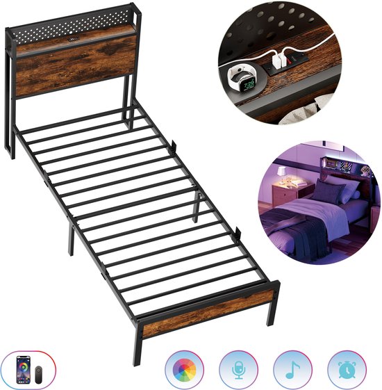 Auralum MAX Lit Métallique 90x200 cm - Cadre de Lit Minimaliste - Met LED Verlichting et Ports USB - Robuste - Silencieux - Anti-Glissement - Grand Espace de Rangement - Montage Sans Vis - Lit en Fer - Durable - Inoxydable