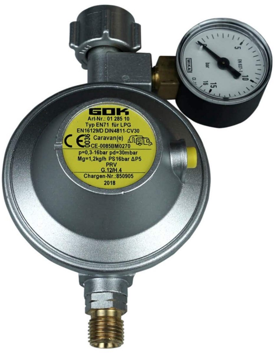 Lagedrukregelaar 30 mbar 1,2 kg/h inclusief manometer voor caravan en camper