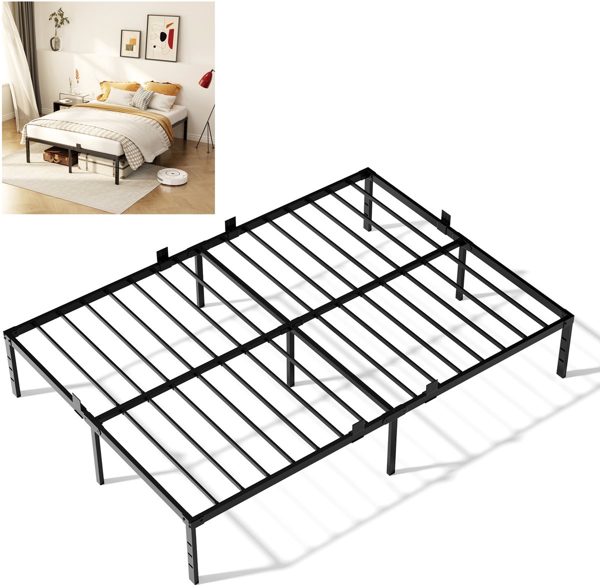 CECIPA Tweepersoonsbed 160x200 cm - Heavy Duty Metalen Bedframe - Met Lattenbodem en 32 cm Opbergruimte - Voor 2 personen - Draagkracht 480 kg