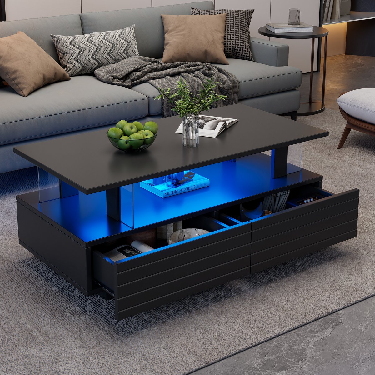 Merax Salontafel met opbergruimte - met LED-verlichting - dubbele rechthoekige bijzettafel - met Bluetooth-telefoonapp-bediening - zwart