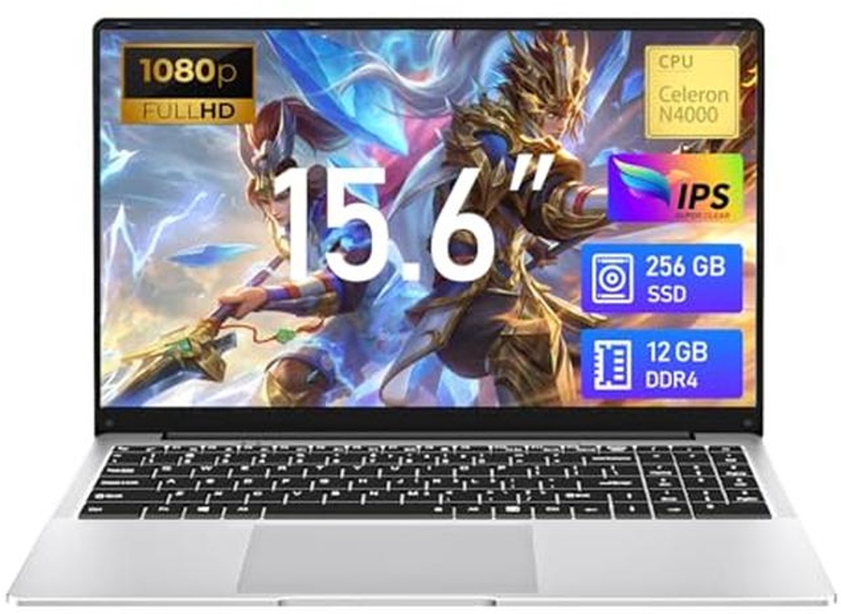 15,6 inch Laptop met 6 GB RAM en 256 GB SSD, 180° Draaibaar FHD-display en mini-HDMI