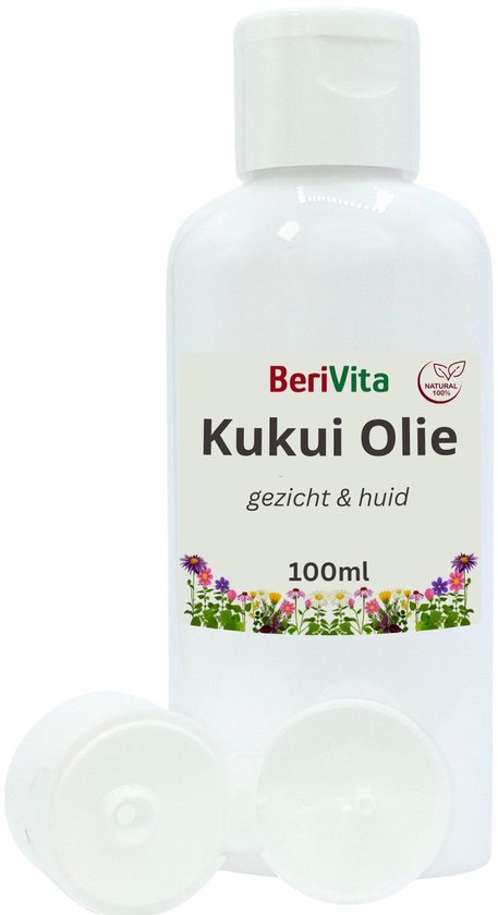 Fles BeriVita Kukui Olie, 100ml, met dop open. Met bloemenafbeelding.