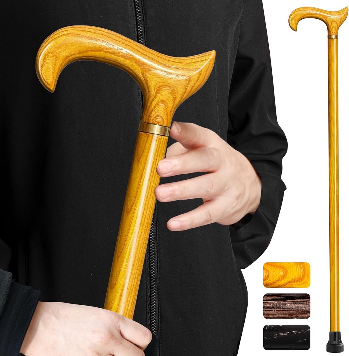 Stevige Houten Wandelstok Massief Hout - Inclusief 3 Rubberen Tips en Draagtas