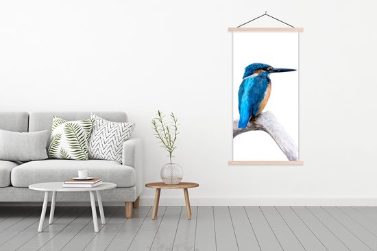 Posterhanger incl. Poster 90x180 cm - Schoolplaat - IJsvogel - Tak - Snavel - Textielposter - Blanke latten