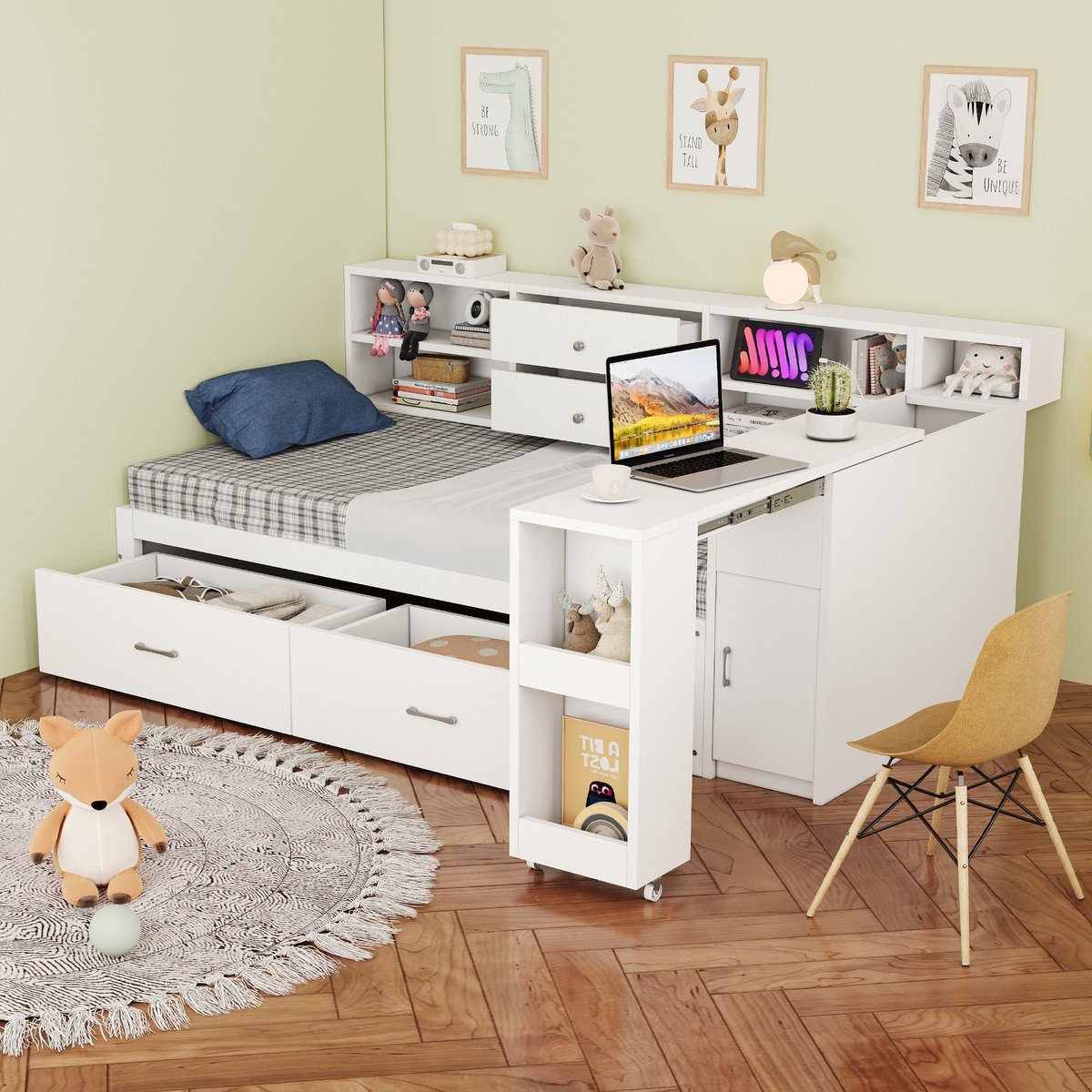 Sweiko Slaapbank - 90 x 200 cm - Met bureau - Opbergruimte - 2 lades - Oplaadpunt - Kinderbed - Wit