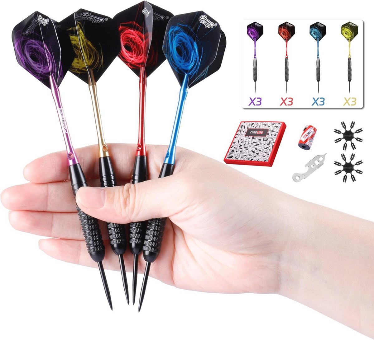 Dartpijlen Set 22/28g met Aluminium Shafts, Slijper, Gereedschap, Flights en Flightdoppen - 12 Stuks