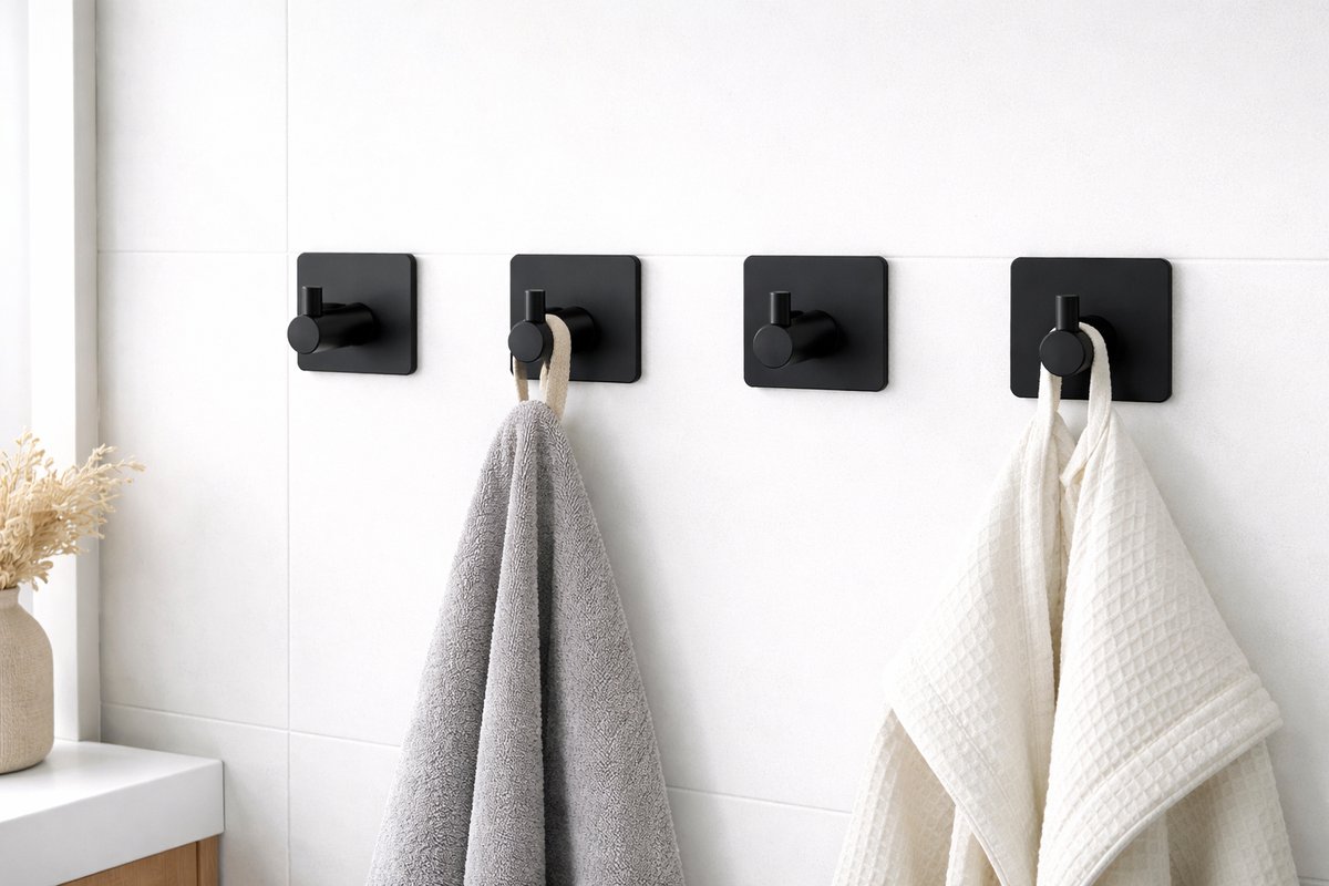 Zelfklevende haakjes 4st. – RVS haak Zonder Boren – Voor Jassen, Handdoeken & Badjassen – Badkamer, Keuken & Slaapkamer – Zwart – ShowerEase