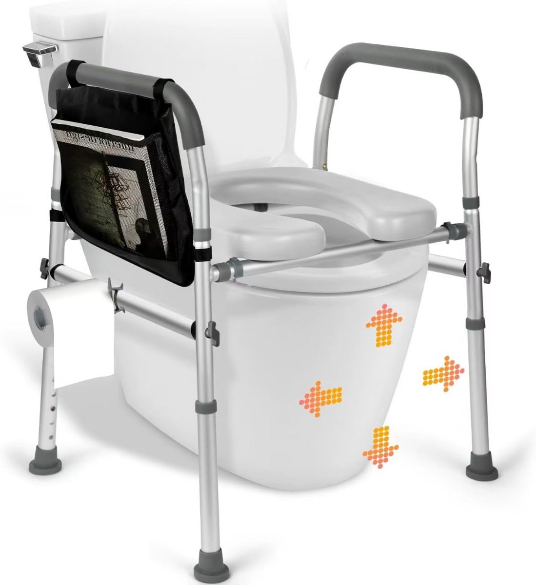 Verhoogde toiletbril met handgrepen voor ouderen en gehandicapten - Verstelbare toilethulp, past op elk toilet, met papierhouder en opbergtas