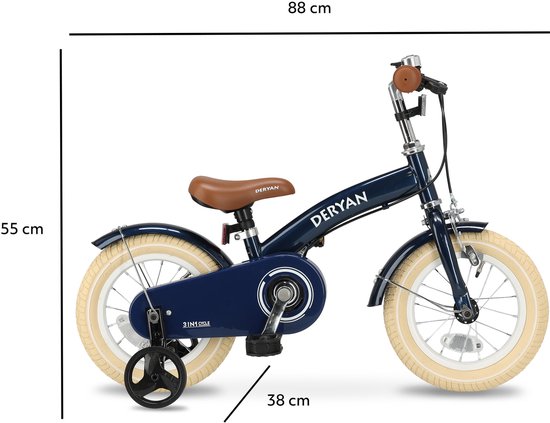 Vélo enfant Deryan bleu foncé 3-en-1 avec pneus beiges, selle et poignées marron, dimensions 88x55x38 cm.
