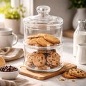 Bonbonnière en verre à deux niveaux, remplie de biscuits.