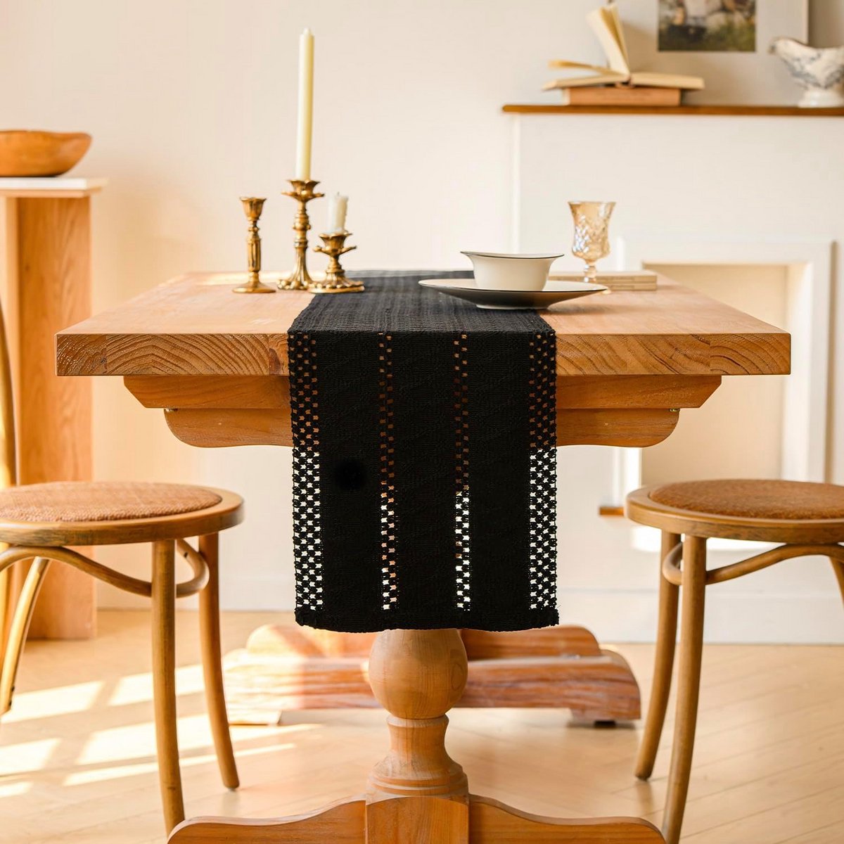 Boho Macramé Tafelloper Zwart Katoen Linnen Rustiek Decoratie 30 x 240 cm