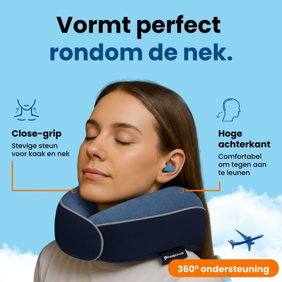 PurelyGoods® Nekkussen Set - Reiskussen - Vliegtuig & Auto - Memory Foam - Donkerblauw