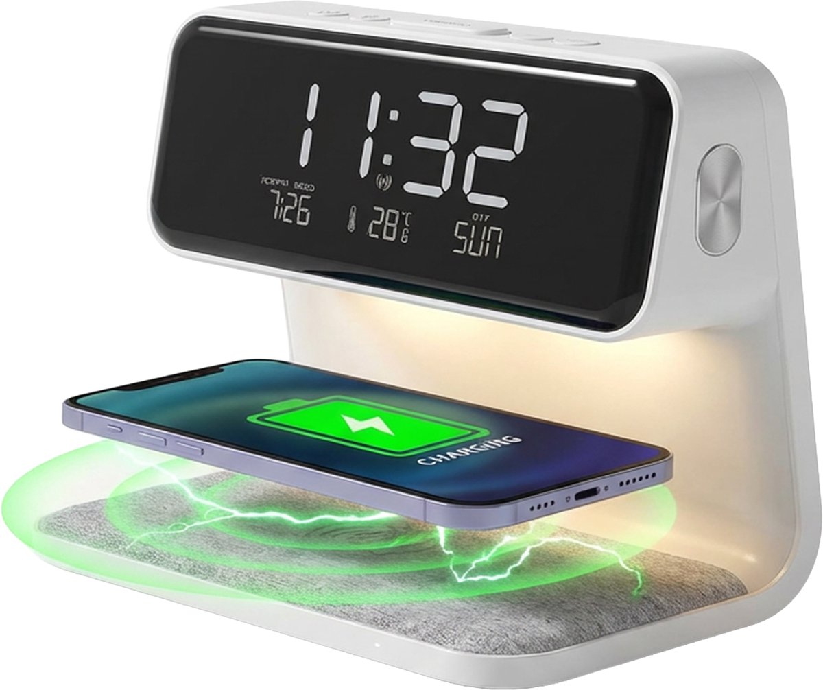 Home Vibes® Digitale Wekker – Slaapwekker – Digitale Klok - Met Draadloze Oplader - Dubbele Alarm en Snooze – Nachtlamp Functie – Dimbaar LCD Display - Wit