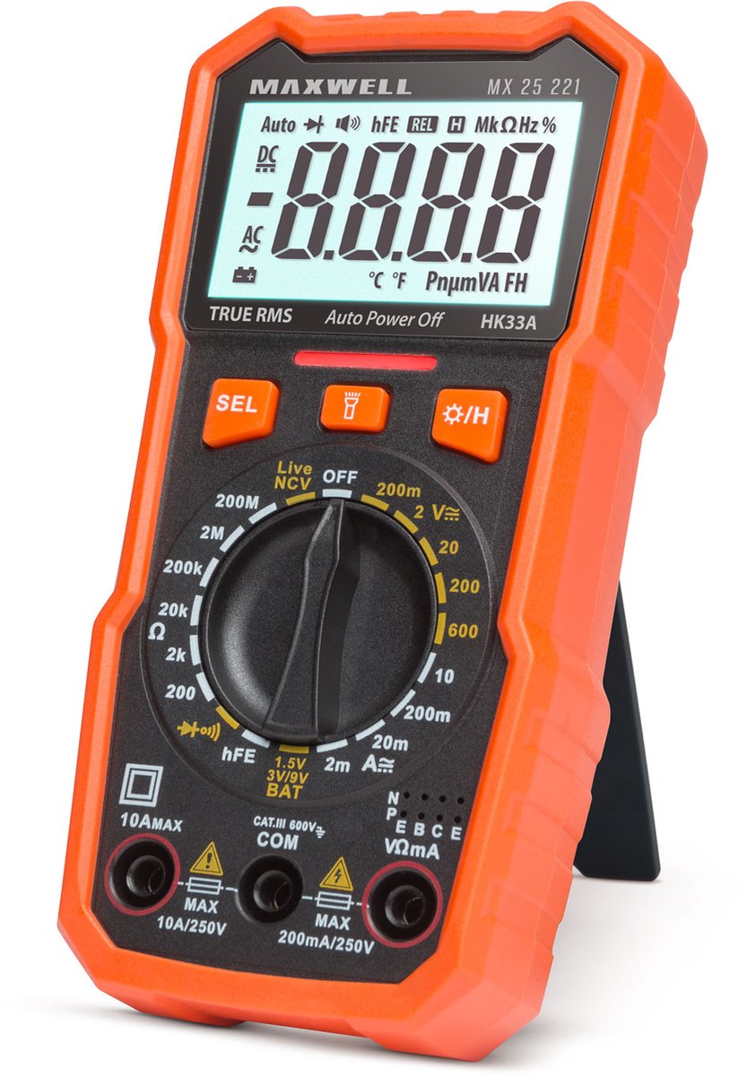Maxwell MX Digitale Multimeter – NCV Contactloze Spanningsdetectie – 600V AC/DC – Transistor- & Diode Test – Werklicht & Achtergrondverlichting – Inclusief Testkabels en Batterijen 1 Stuks [25221]