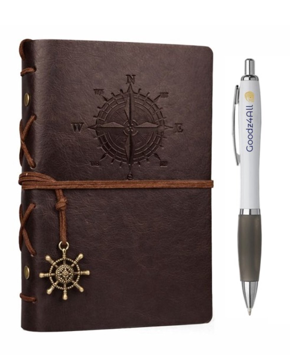 Goodz4All Vintage Lederen Notitieboek met Pen - Schetsboek Notebook A6 - Travel Journal Refill Donker Bruin -Reis Dagboek Retro met Blanco Papier Navulbaar 10x15 cm
