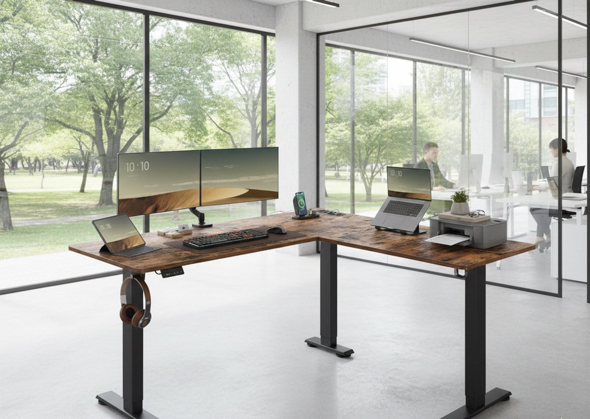 Elektrisch Hoek Zit-Sta Bureau L-Vorm 140x160cm – Hoogte Verstelbaar 72–120cm – 2 Geheugenstanden – Power Strip + USB – Stil & Super Stevig – Ergonomisch Sta Bureau voor Thuiswerk & Gaming – Vintage Brown & Zwart – House&Garden