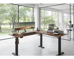 Elektrisch Hoek Zit-Sta Bureau L-Vorm 140x160cm – Hoogte Verstelbaar 72–120cm – 2 Geheugenstanden – Power Strip + USB – Stil & Super Stevig – Ergonomisch Sta Bureau voor Thuiswerk & Gaming – Vintage Brown & Zwart – House&Garden