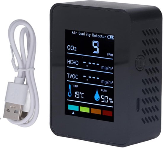 Luchtkwaliteitsmonitor - 5-in-1 Indoor Air Quality Monitor - intelligente luchtanalysator - Detecteert HCHO, TVOC, CO2 - Geschikt voor het monitoren van de binnenlucht, het testen van kantoorruimtes, het monitoren van de buitenomgeving - zwart