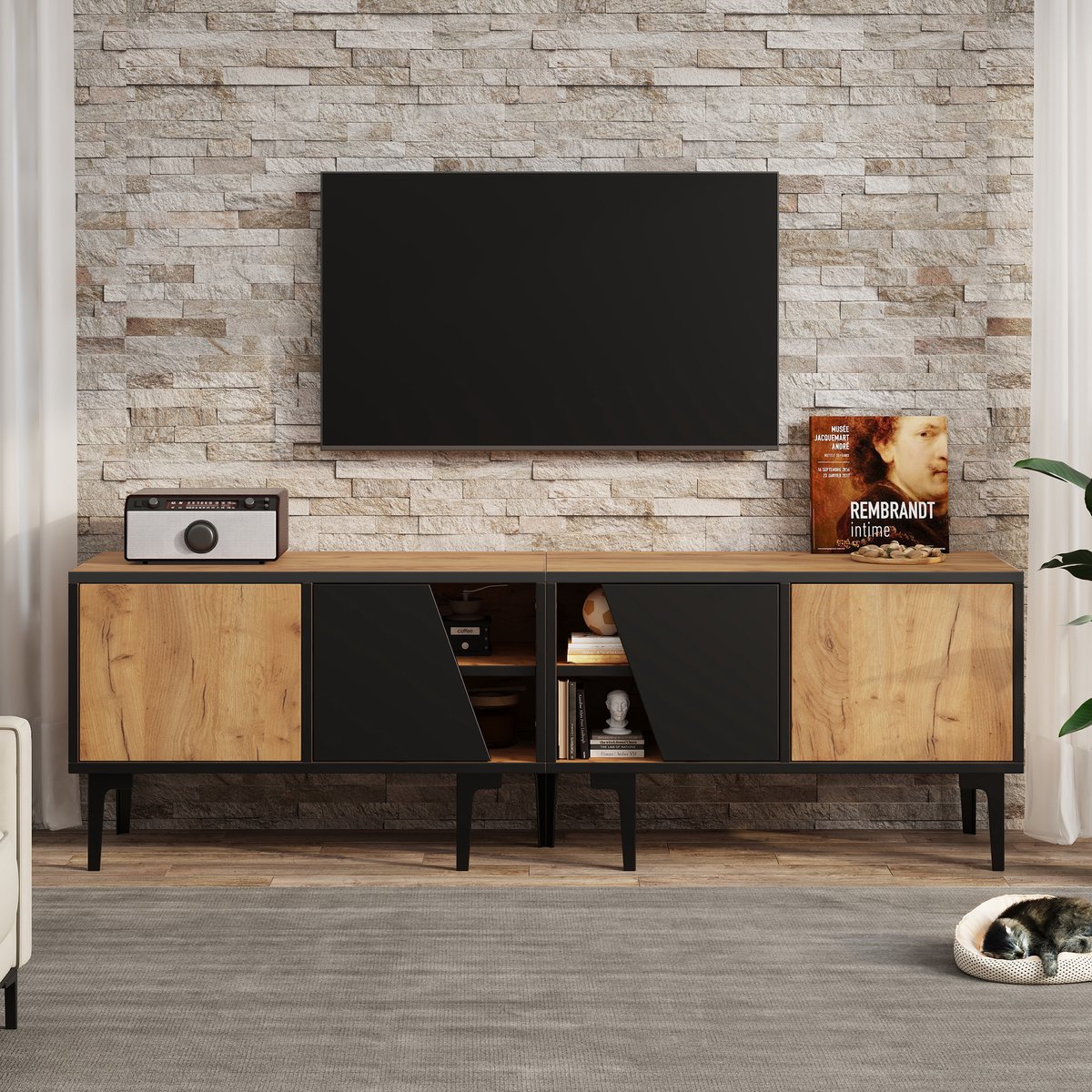 Clruro TV Meubel - 160x36,5x45 cm - Voor 65 Inch TV - 4 Vakken en 7 Poten - Minimalistisch - Natuurlijk Hout