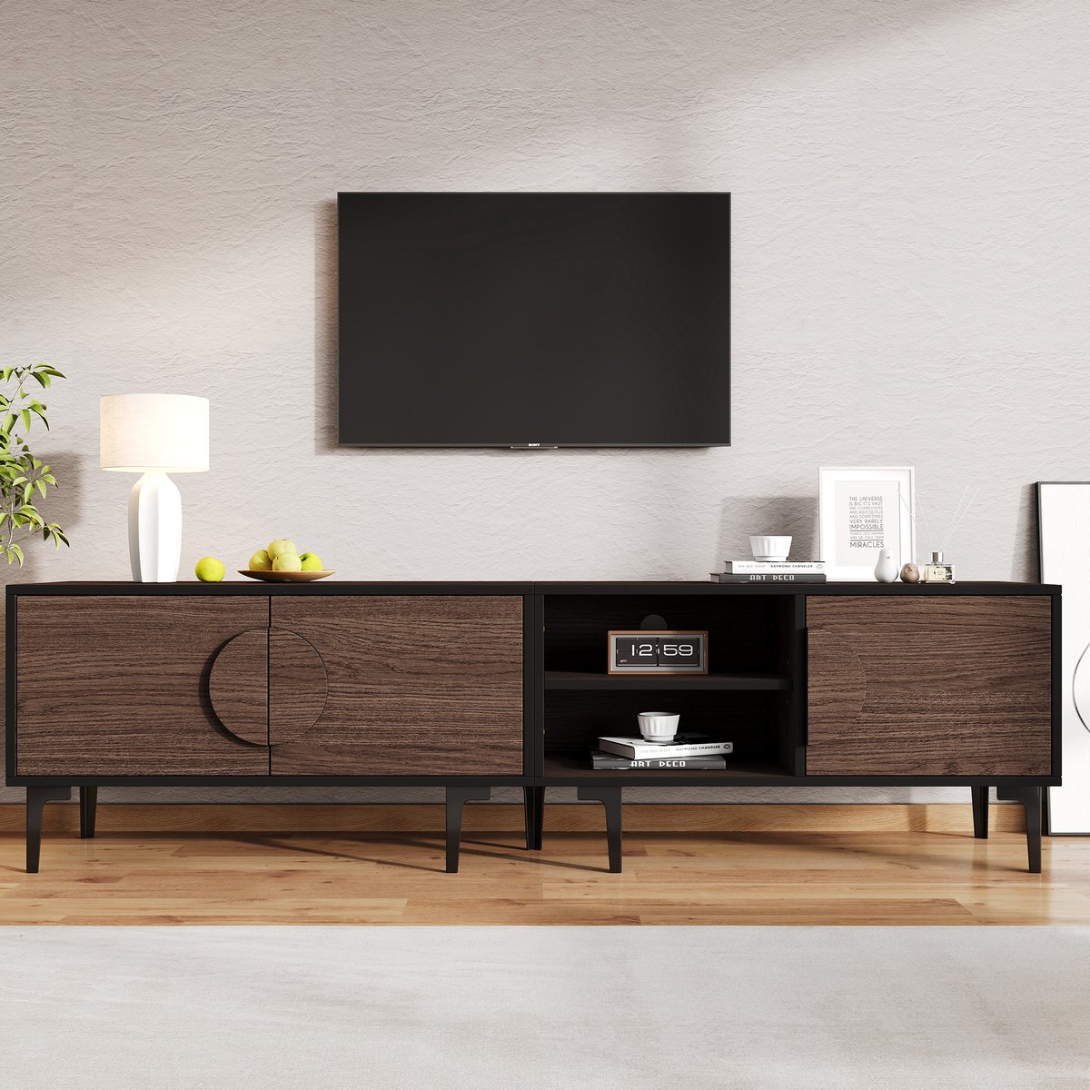 Clruro Lowboard - 180x35x49 cm - Voor 80 Inch TV - 2 Kasten en Open Vakken - Donker Walnoot Donker Eiken
