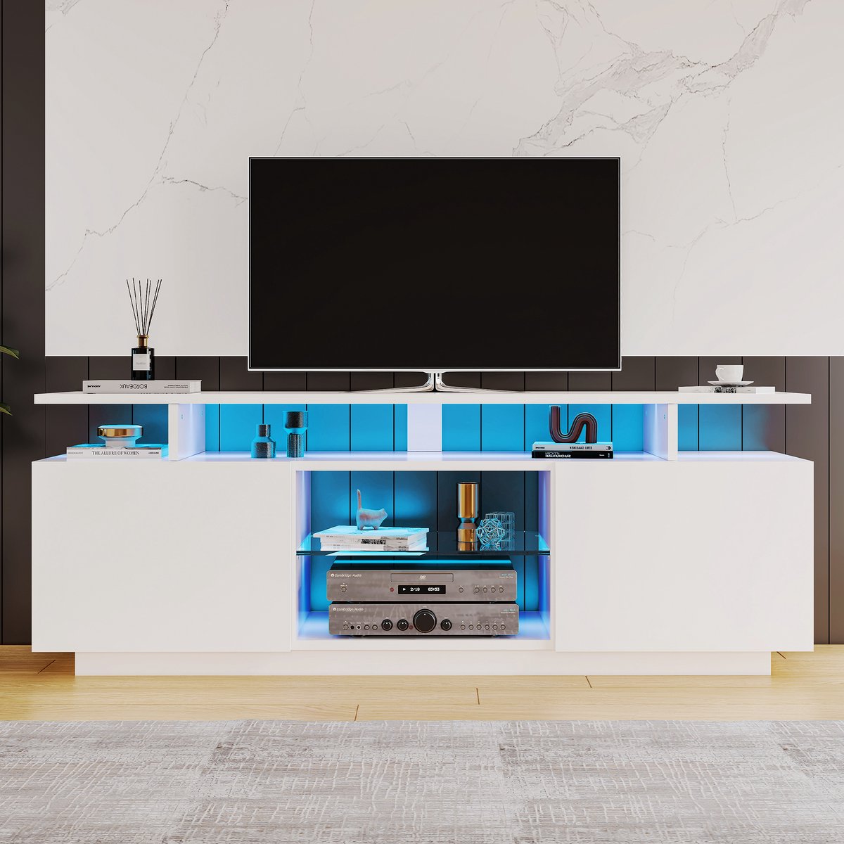 Clruro TV Meubel - 140 cm Breed - Hoogglans met 16 Kleuren LED - Voor 60 Inch TV - Glas - Wit