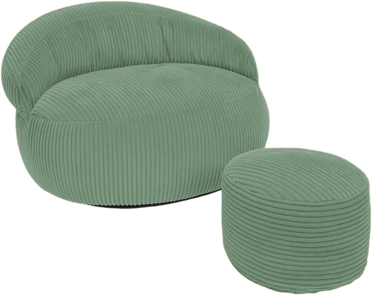 Bananair - Zitzak XXL met poef - Afneembare hoes - Ribfluweel - 110x100 cm - Groen