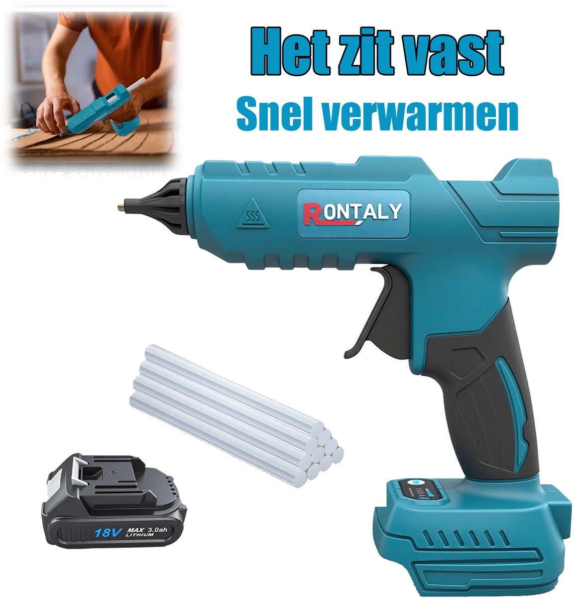 Accu-aangedreven draadloze hotmelt-pistool set met 10 lijmstiften & accu, batterij gevoed, draadloos, snel verwarmend, draagbaar lijmpistool voor DIY-projecten, huisreparaties en schoolwerk