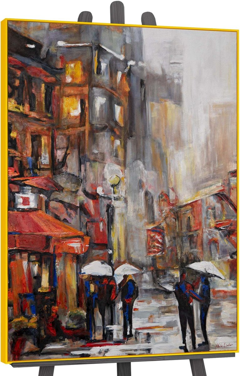 YS Schilderij "Urban Atmosphere" - Handgeschilderd canvas schilderij - Wanddecoratie Vrouw - Grijs - Portret - Muurdecoratie woonkamer - Slaapkamer decoratie - Kamer accessoires - Schilderij canvas vrouw - schilderij woonkamer vrouw Yellow 140x100