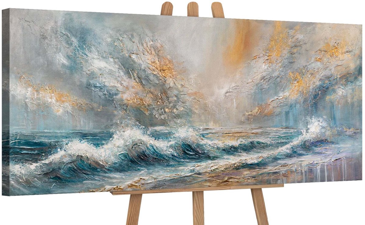 YS Canvas schilderij panoramisch 115x50 handgeschilderd zeeochtend maritiem zonsopgang – YS-Art Gallery – Rustgevende wanddecoratie voor woonkamer – Modern schilderij voor hal