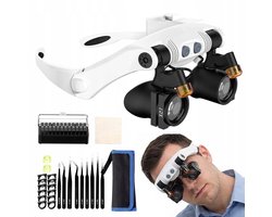 Loepbril - Hoofdgedragen Vergrootglas - 7 Verwisselbare Lenzen & LED Licht - Voor Elektronica, Hobby & Lezen - Inclusief 9 Antistatische Pincetten & Opslagtas