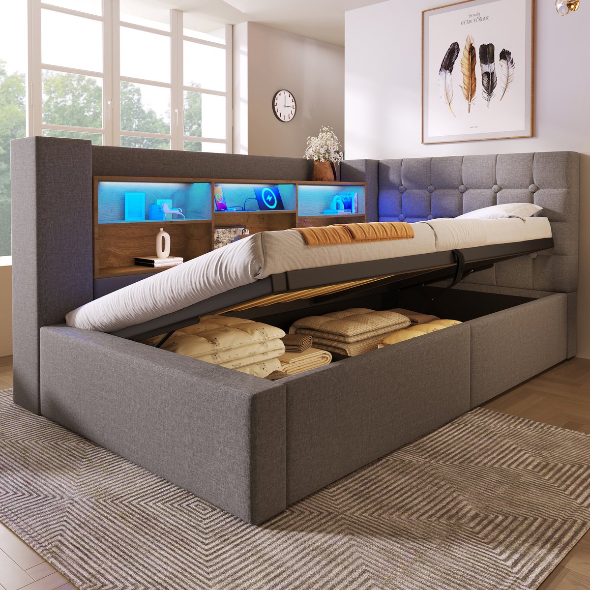 HAUSS SPOLE Gestoffeerd Bed 90x200 cm - Hydraulische Opbergruimte & LED Met USB - L-Vormig Hoofdeinde Links/Rechts Monteerbaar - Linnen - Grijs - Met matras