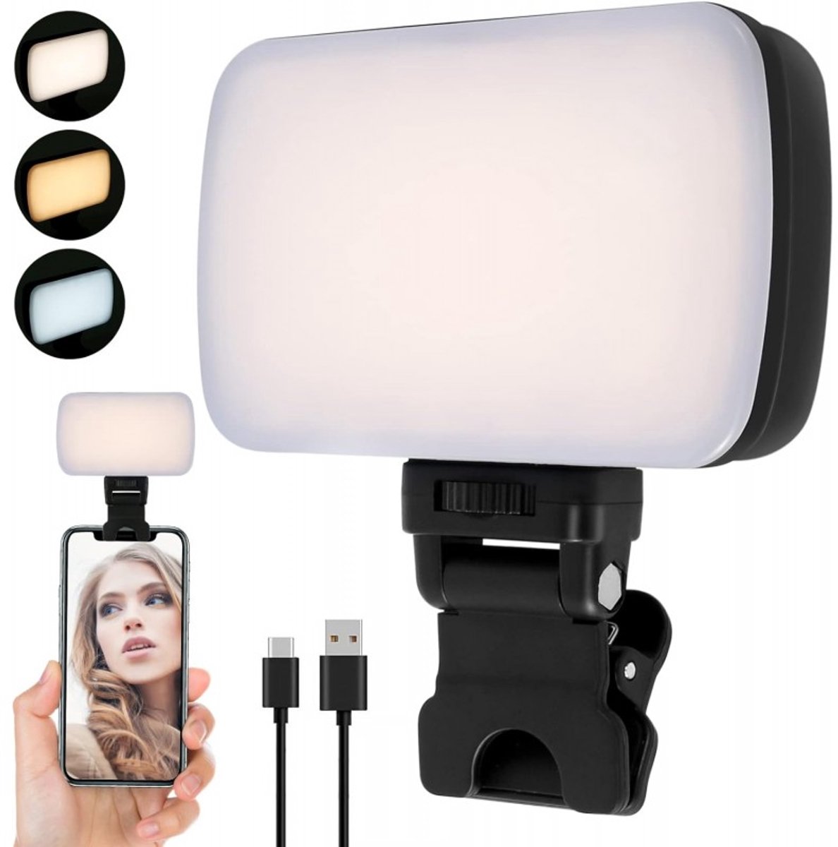 LED-videolamp met clip - 3 verlichtingsmodi - selfie-licht - Selfielamp - Lamp videobellen - voor smartphone en camera