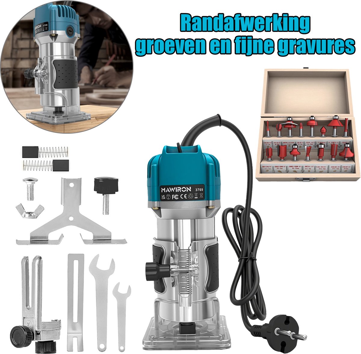 Elektrische Handfreesmachine, Compacte Houtfrees, Handmatige Houtbewerkingsfrees met 15-delige Freesbitset voor Handwerk en DIY