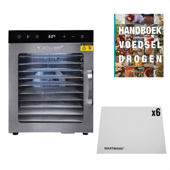 Roestvrijstalen voedseldroger, een kookboek 'Handboek Voedsel Drogen' en 6 witte bakmatten.