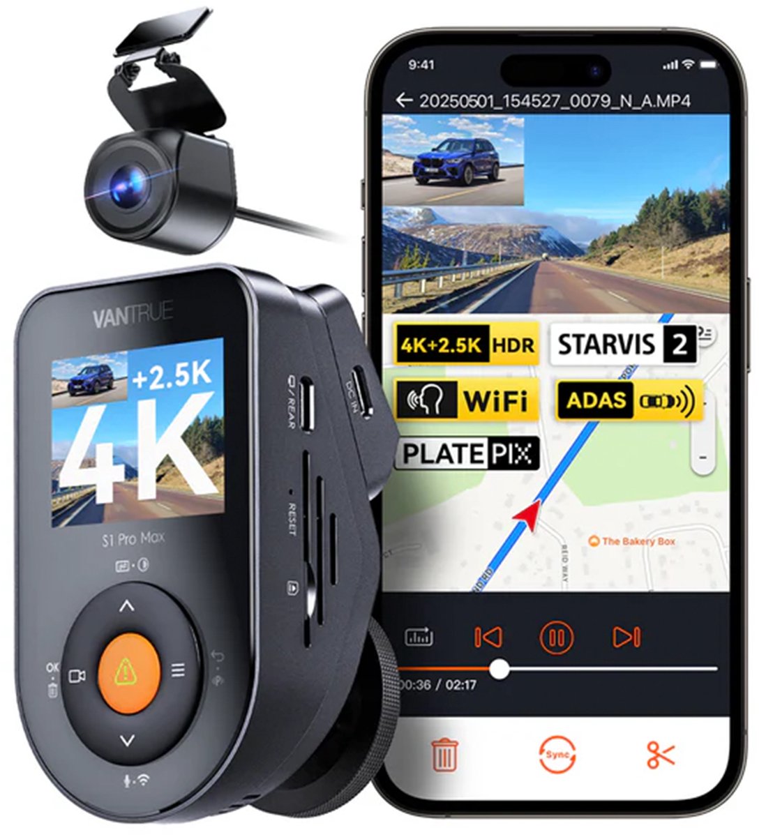 Vantrue S1 Pro Max 4K+4K (2160P+2160P) dashcam voor en achter, dubbele dashcamera met Starvis2 HDR PlatePix nachtzicht, 5 GHz WiFi, GPS, optionele Lte, parkeermodus