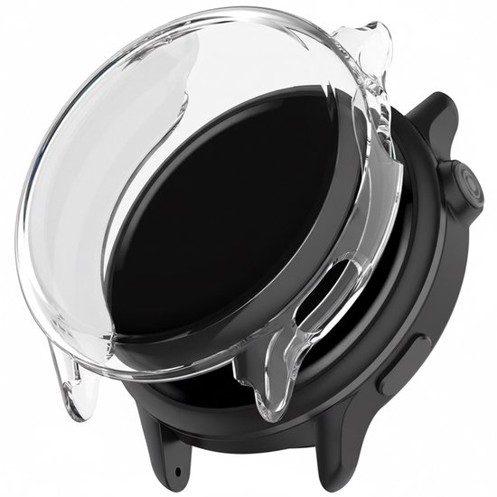 Transparante TPU screenprotector op een zwarte smartwatch.