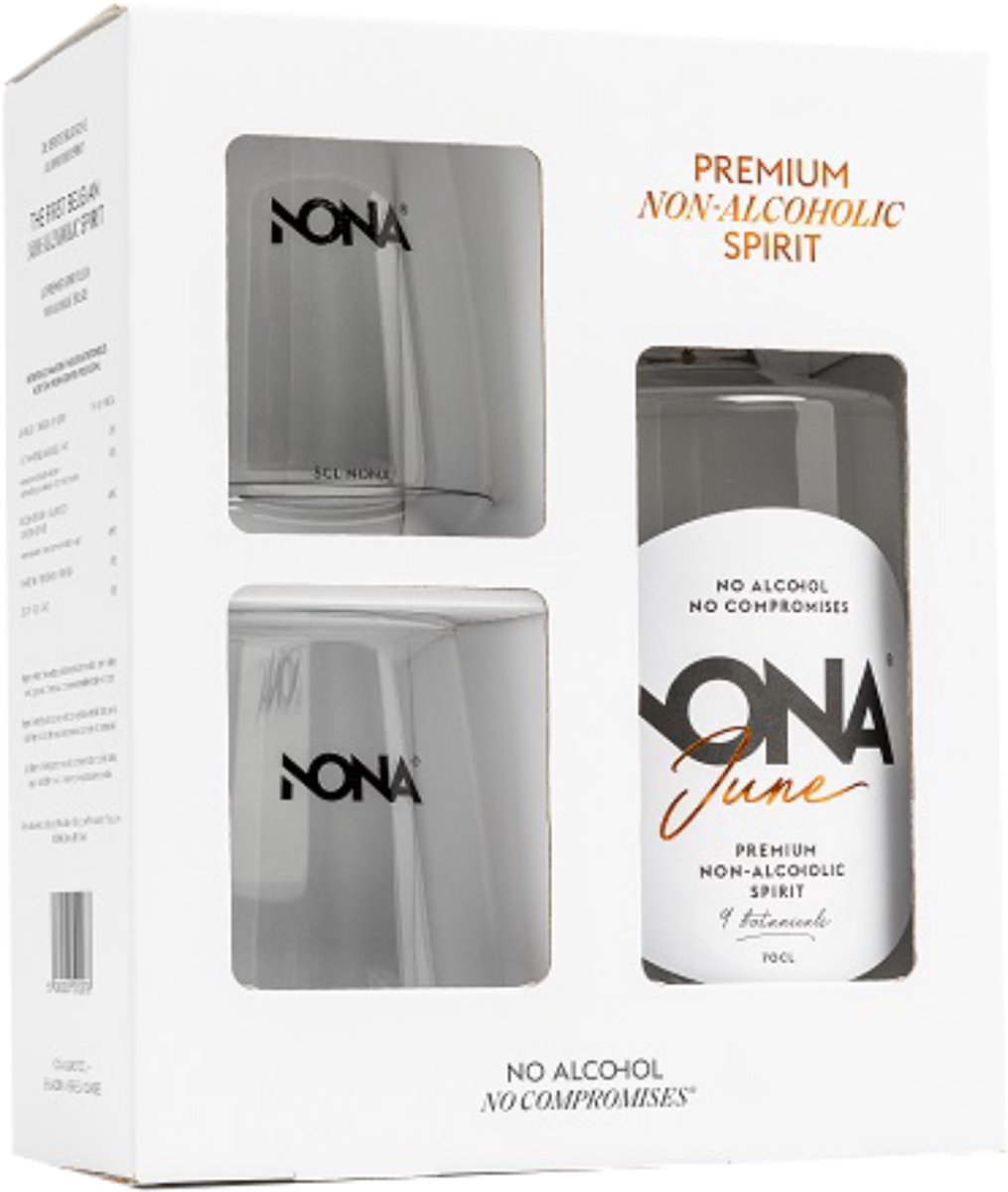 NONA June Alcoholvrije Gin 0% Geschenkdoos - 70cl + 2 Glazen - Botanische Alcoholvrije Spirit - Geschenkset Premium Alcoholvrij Drankcadeau Mixen Met Tonic Voor Alcoholvrije Cocktails - 100% Natuurlijk Laag In Suikers