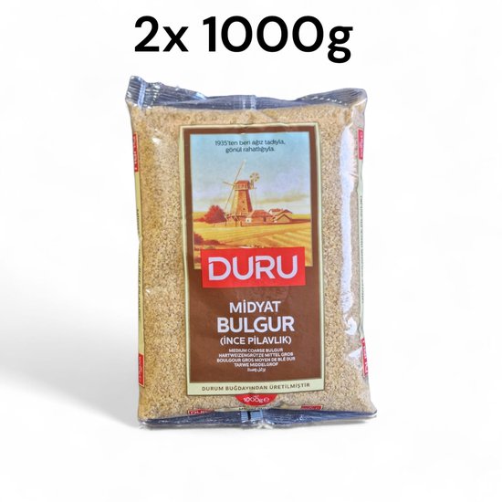 Duru Middelgrof Midyat Fijne Pilavlik Bulgur – 2 x 1000 g | Volkoren Tarwebulgur | Gezond, Vezelrijk & Authentiek - Midyat İnce Pilavlık Bulgur - Medium-Coarse Midyat Fine | Whole Wheat Bulgur | Healthy, High-Fiber & Authentic
